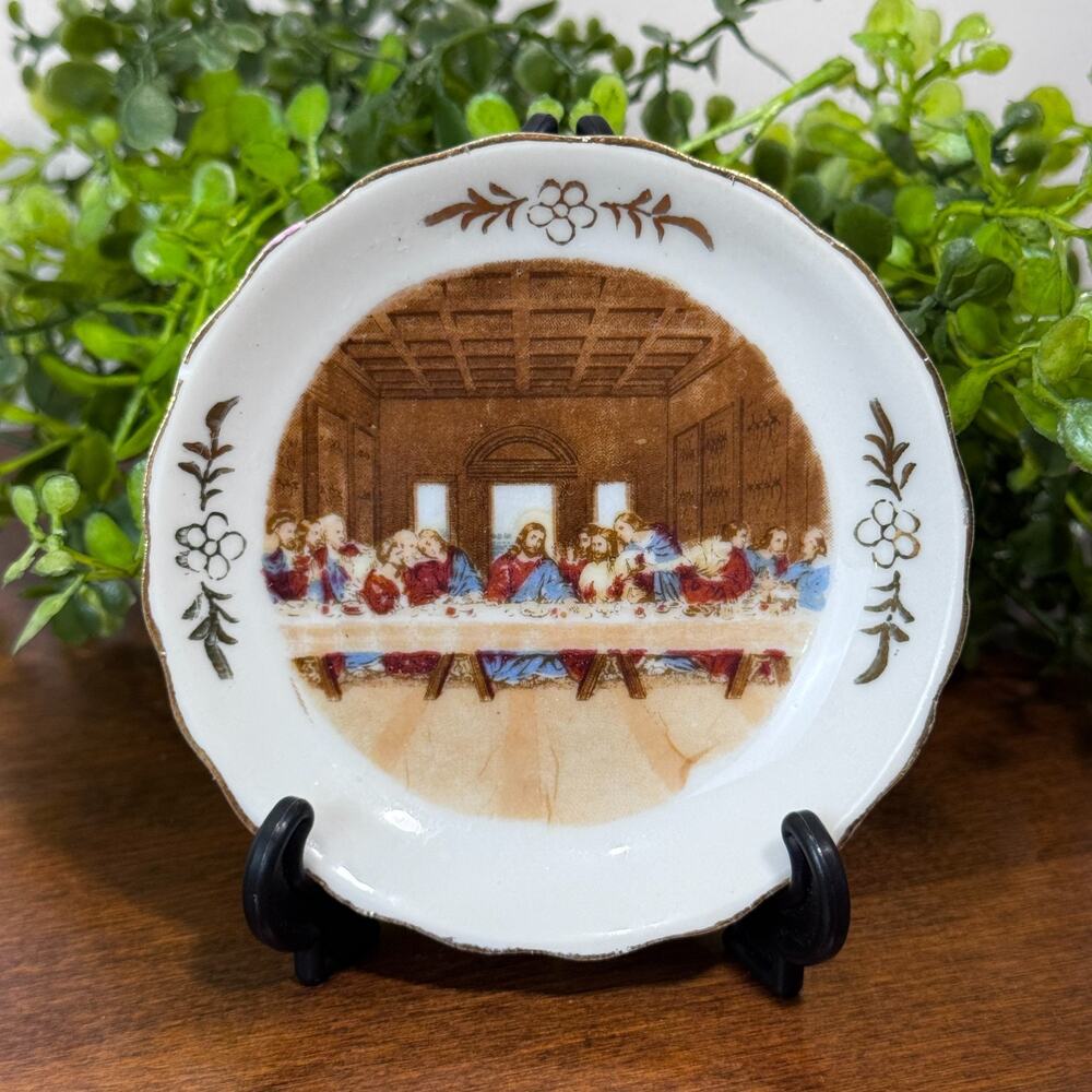 Vintage Last Supper Mini Plate 3.5" Religious Christian Floral Gold Trim